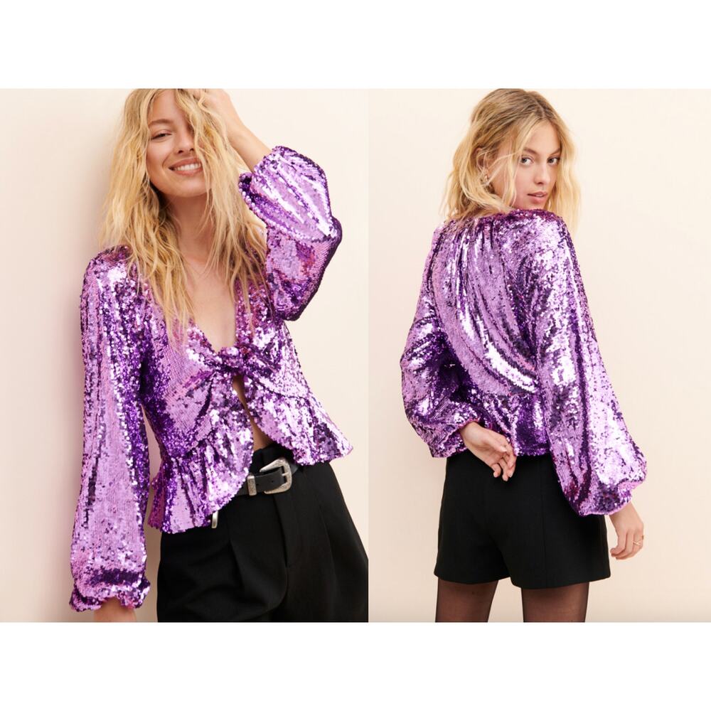 For Love & Lemons Size Small Purple Sequin Tie Front Madeline Sequin Top